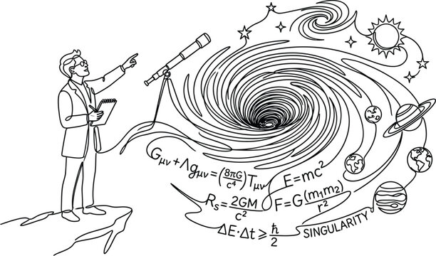 Scientist studying cosmos, telescope, black hole, universe, physics formulas, hand-drawn style