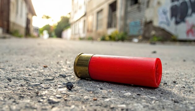 A single expended red shotgun shell with brass casing lying on a gritty urban pavement with buildings in the background