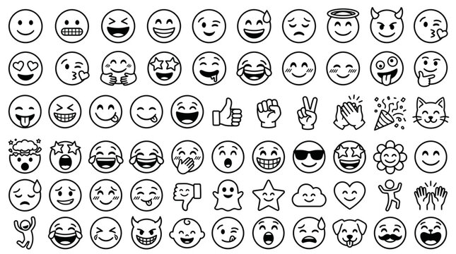 Collection of Hand-Drawn Emoji Icons: Faces, Emotions, Symbols, Objects, and Animals
