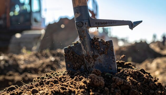 A worn soldier's entrenching tool, a shovel, digging into rich brown earth with visible dirt clinging to its spade and wooden handle, representing rugged utility and manual labor outdoors.