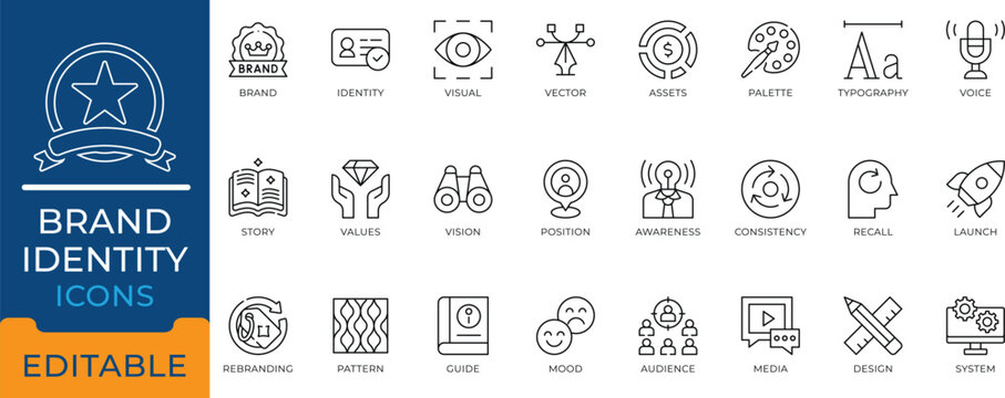 Brand identity and marketing strategy line icons. Minimal vector symbols for brand guidelines, rebranding, and visual assets editable stroke.