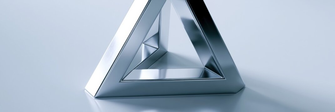 Examine a penrose triangle made of shiny chrome that creates visual illusions through its impossible geometry, set against a simple backdrop.