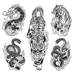 Traditional Japanese irezumi vector art set with dragon tiger and snake illustrations for tattoo design and apparel graphics © Zulfa