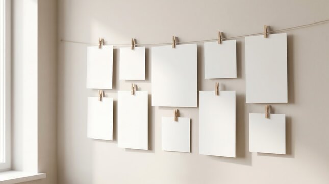 Blank white photo cards hanging from a string with wooden clips on a minimalist wall.
