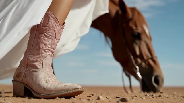 Slow motion tracking shot of cowboy boot stepping as horse head grazes on desert sand with flowing fabric
