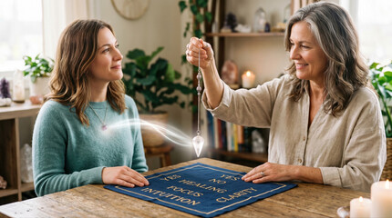 Fototapeta premium Exploring mental health insurance through guided pendulum readings cozy home setting wellness workshop intimate atmosphere