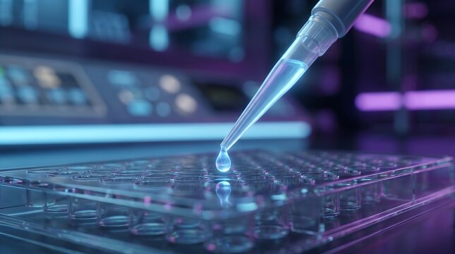 Laboratory pipette dropping glowing liquid sample into a microplate for modern scientific research.