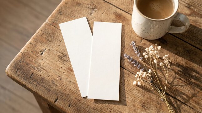 Two blank paper bookmark mockups on a rustic wooden table with coffee and dried flowers.