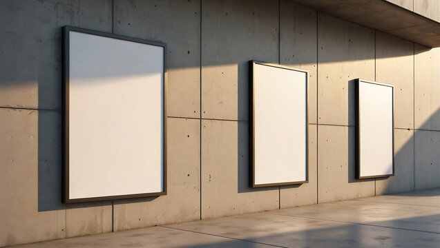 Three blank poster mockups hang on a modern concrete wall under warm sunlight.