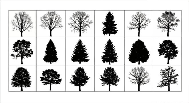 set of trees silhouettes