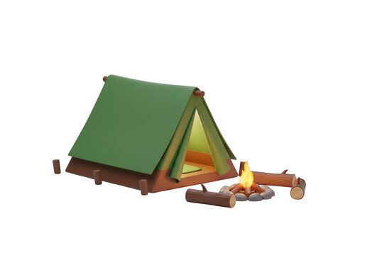 3D Camping Tent with Glowing Interior and Campfire Icon