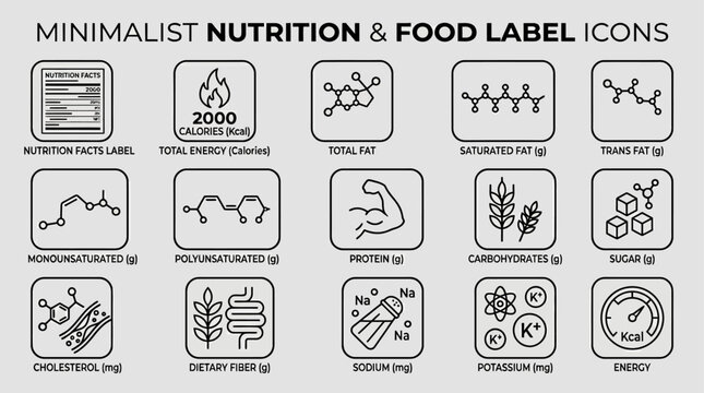 Clean, Modern Set of Nutritional Information Icons for Food Labels, Promoting Healthy Dietary Awareness and Informed Consumer Choices
