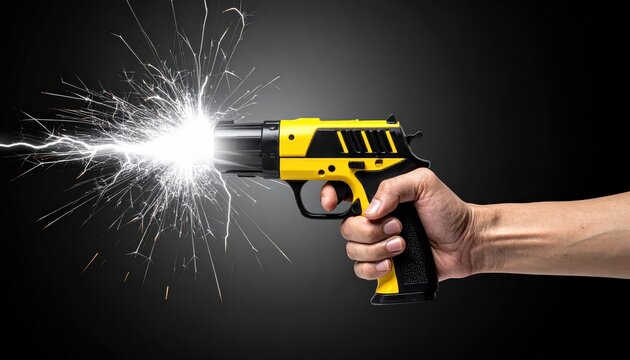 A yellow and black taser gun with electrical arcs emitting from the barrel held by a hand in a ready stance