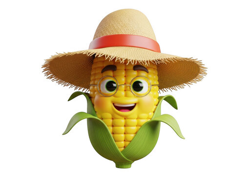 Cute 3D Character Corn with Straw Hat and Glasses