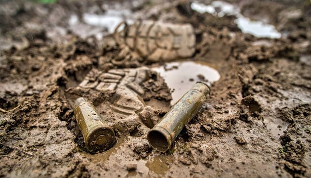 A soldier's boot print in thick mud beside a spent shell casing, a stark reminder of past conflict.