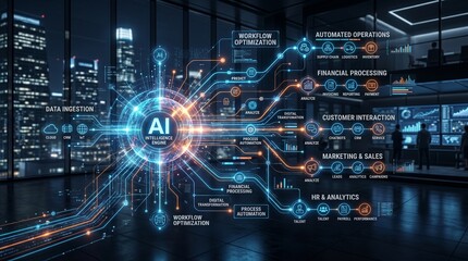 Obraz premium AI network connects data in modern office at night