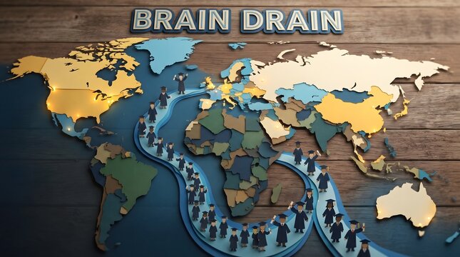 A winding blue path of graduating scholars flows from developing regions toward the West on a tiered papercraft world map, a visual metaphor for global brain drain and talent migration.