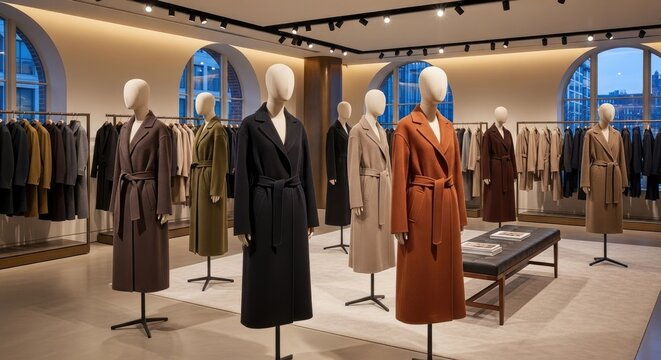 Fashion display featuring mannequins in stylish coats indoor retail setting