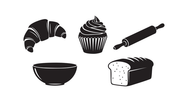Fresh bakery items collection including croissant cupcake bread loaf bowl and wooden rolling pin silhouettes for kitchens.