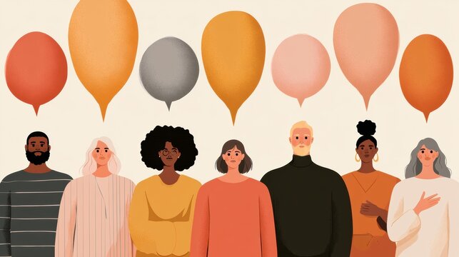 A diverse team of people stands together, showing different communication styles through speech bubbles. The setting is inclusive and welcoming.