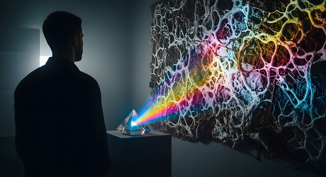 Man Observing Abstract Light Spectrum Projection on Textured Wall.