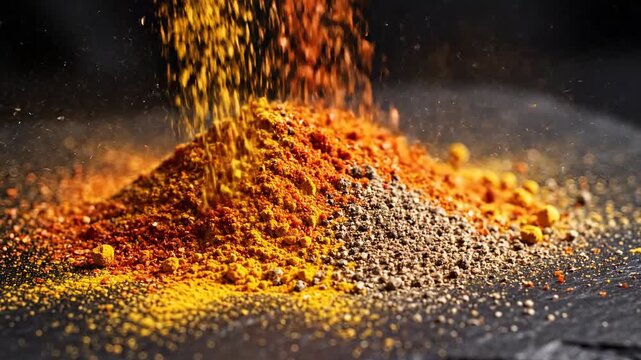 Vibrant Spices Pouring Down Creating a Colorful Mound.
