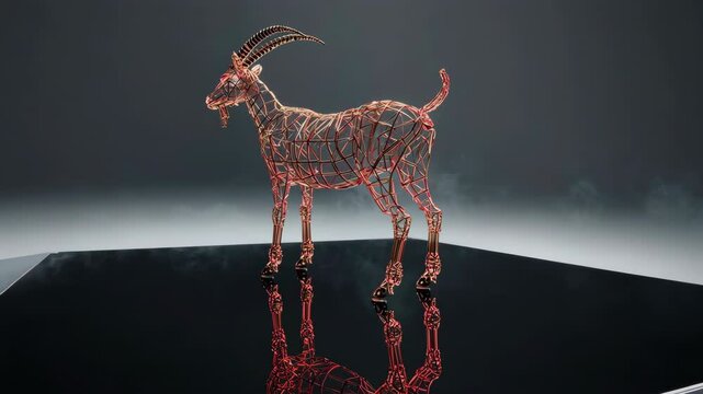 Neon Red Wireframe Goat in Darkness
