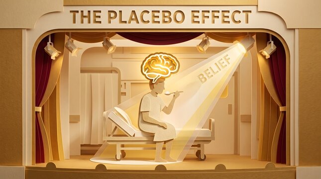 A paper-cut theater stage reveals the placebo effect, where a spotlight of belief illuminates a patient on a hospital bed, symbolizing the mind's profound power in the healing process.