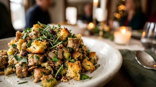 Homemade stuffing served in a bowl on a festive table at a holiday party
