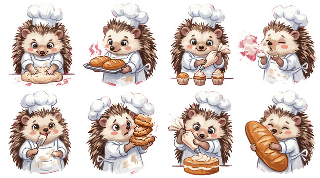 A charming collection of eight illustrations featuring adorable hedgehogs dressed as chefs, engaged in various baking activities.