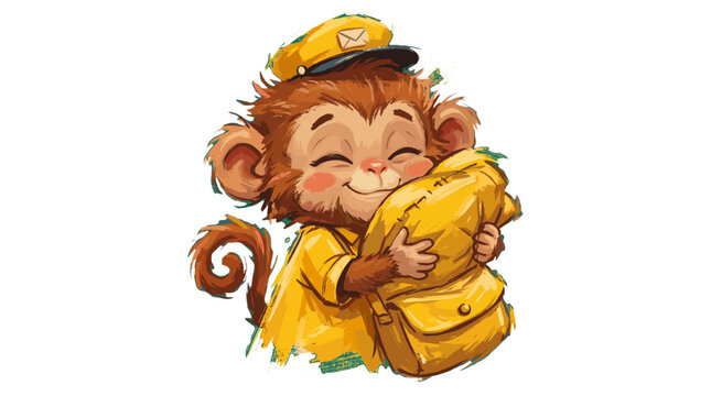 Adorable cartoon monkey dressed as a cheerful postman, happily hugging a yellow mailbag.