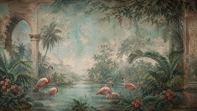Vintage tropical flamingo garden mural in antique fresco painting style