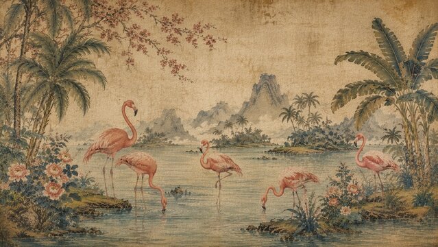 Vintage tropical flamingo landscape in antique fresco painting style