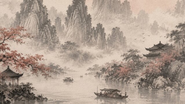 Traditional Asian Misty Mountain Ink Landscape