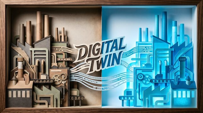 A papercraft diorama illustrating the synthesis of industry and innovation, where a tangible brown cardboard factory finds its luminous blue reflection through a digital twin bridge.