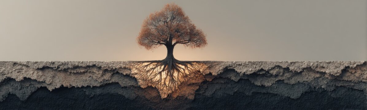 Tree with roots on a cliff with a sunset in the background genealogy tree concept