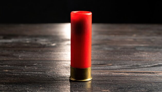 A single red 12 gauge shotgun shell with a brass base standing upright on a dark wooden surface