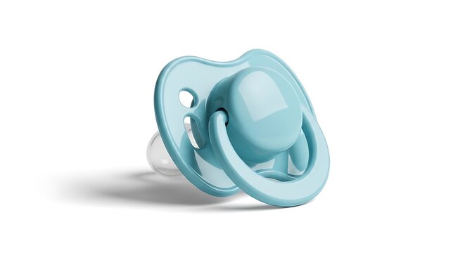 Close-up studio shot of a light blue baby pacifier, designed for soothing and comfort, isolated on a clean white background with a subtle shadow, perfect for infants and newborns