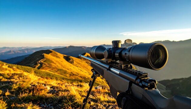 Advanced sniper rifle with large telescopic sight mounted on bipod overlooking golden mountain landscape at sunset