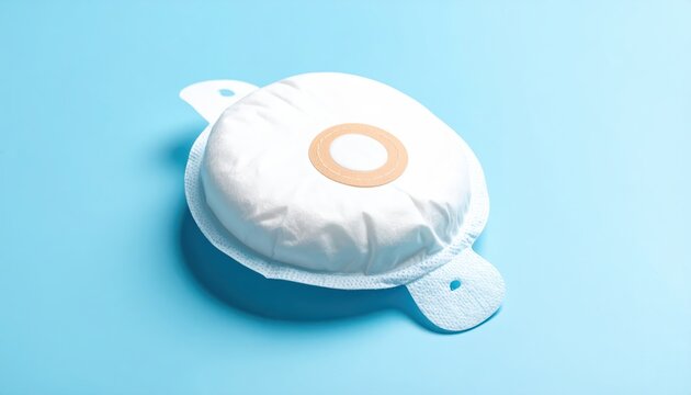 An empty and clean colostomy bag with adhesive wafer shown against a neutral background, a vital medical device for ostomy care.
