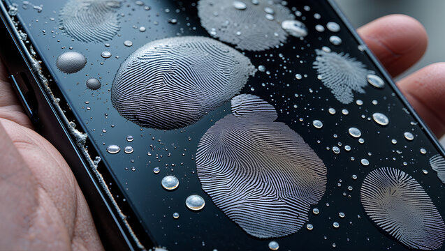 Close-up of a black smartphone screen covered in water droplets and visible fingerprints, held by a hand.