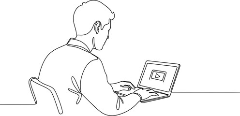 Man typing on laptop, watching video online, continuous line drawing © ahmad