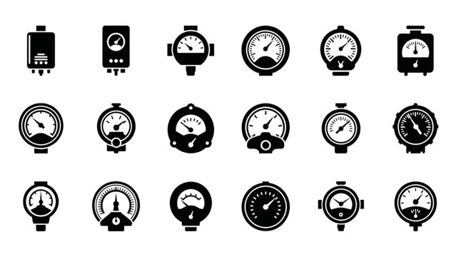 Boiler Pressure Gauge and Industrial Meter Silhouette Icon Sheet, Flat Black Solid Dials and Measuring Vectors