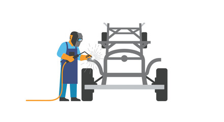 Naklejka premium Welder working on metal frame construction, sparks flying, industrial manufacturing