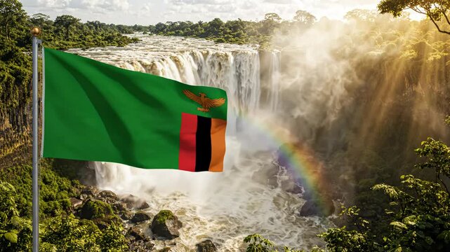 Zambian flag at waterfall with rainbow