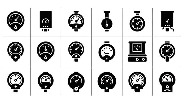 Boiler Pressure Gauge and Industrial Meter Silhouette Icon Sheet, Flat Black Solid Dials and Measuring Vectors