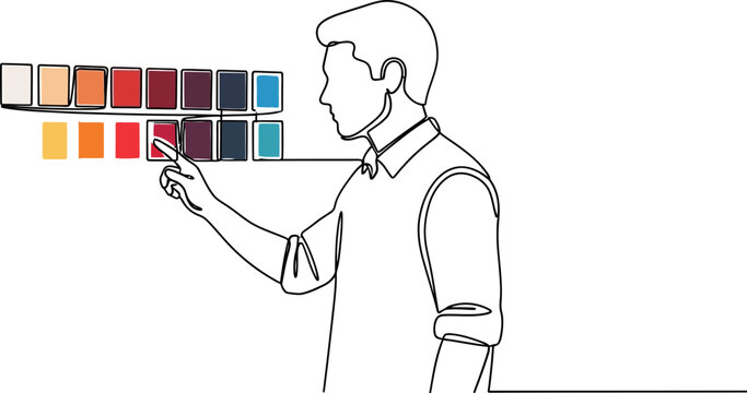 Man choosing color swatches from a palette, design selection concept, single line drawing