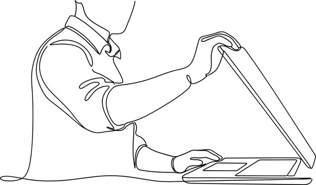 Man scanning document with flatbed scanner, simple line art illustration