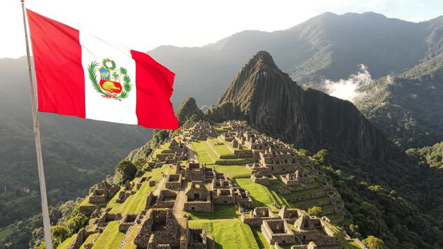 Peruvian flag at Machu Picchu ruins