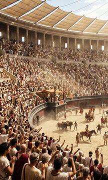 High-angle view of a massive cheering crowd in a Roman amphitheater watching gladiators, chariots, and horses in a dusty sand arena. Generative Ai